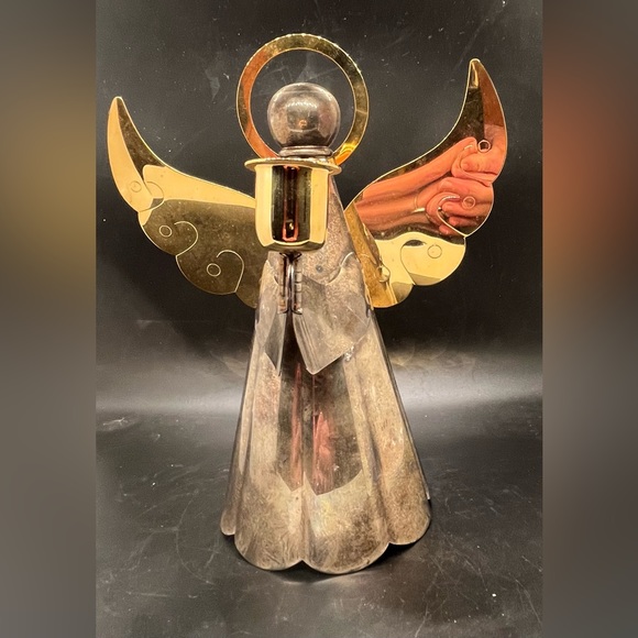 Christmas Brass Angel Holding Tapered Candlestick Holder Vintage Made Hong Kong - Picture 1 of 16